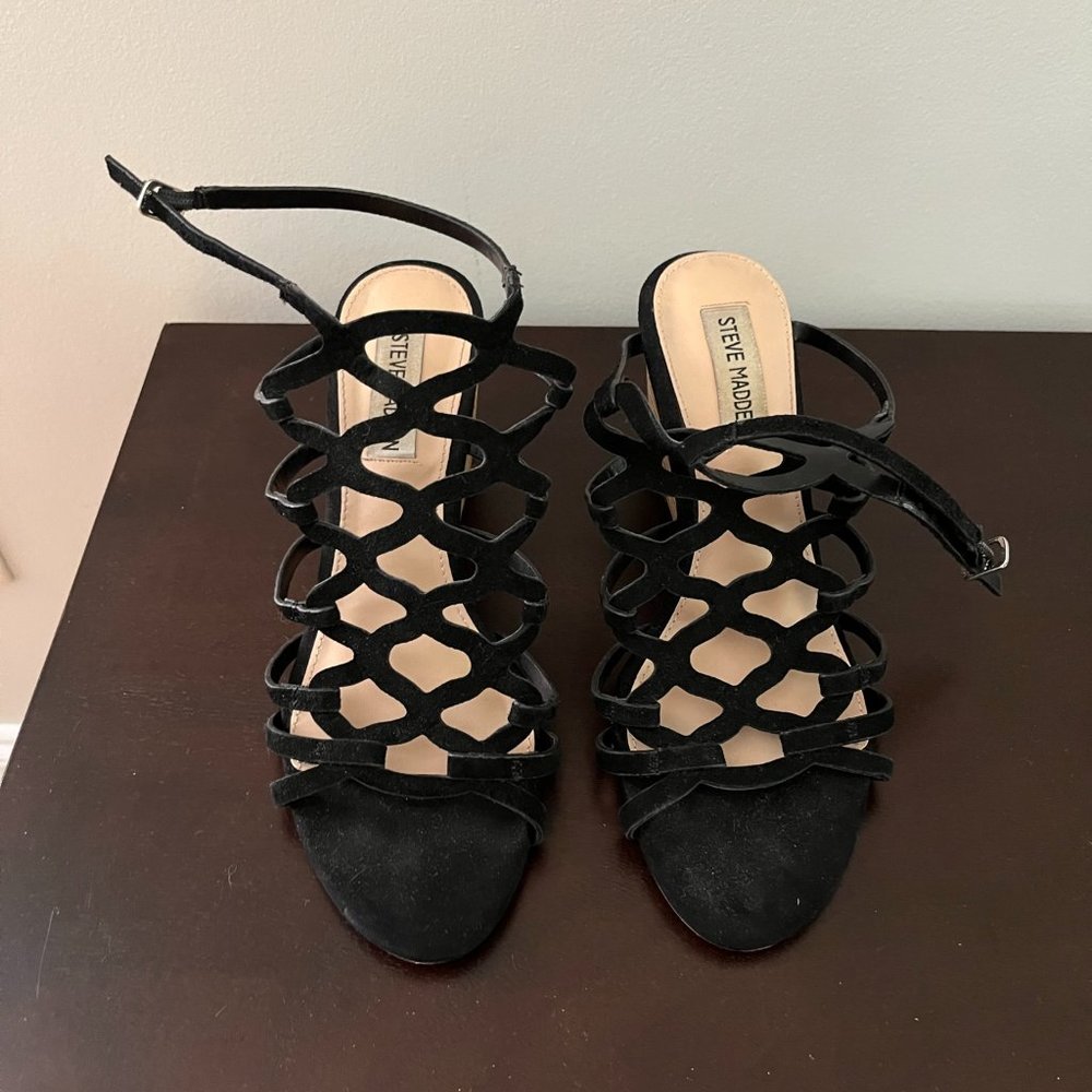 Steve Madden Black Strappy Cage Wedge Sandals 7